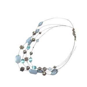 Necklace Light blues silver beads and squares on small silver tone  cords